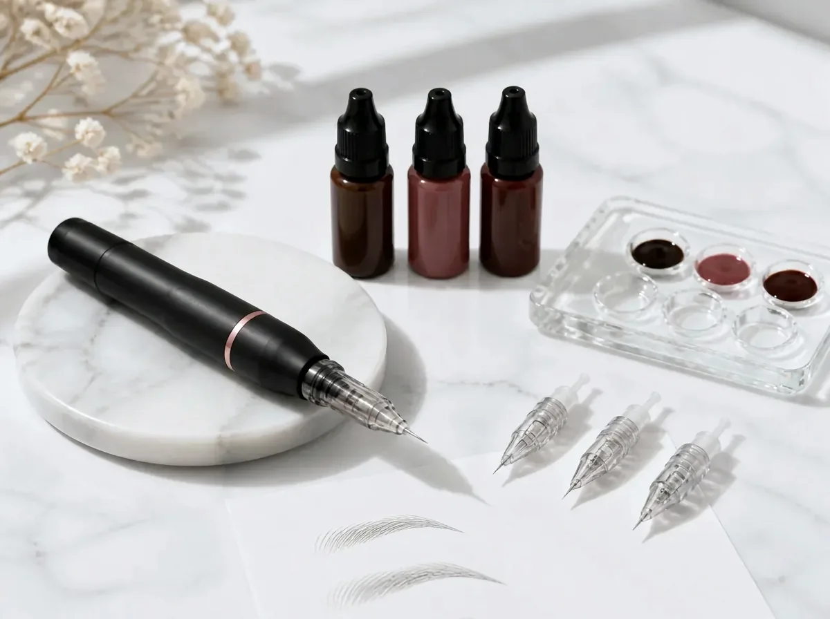Kestopigmentointikone, pigmenttipullot ja microblading-terät marmoripinnalla – kestopigmentoinnit KG Salonki Helsinki