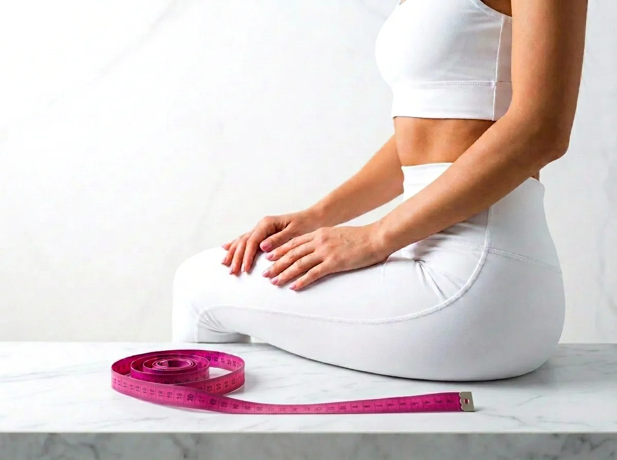 Hoikka naisvartalo valkoisissa urheiluvaatteissa ja fuksia mittanauha vyötäröllä – Cryolipo CoolSculpting KG Salonki Helsinki